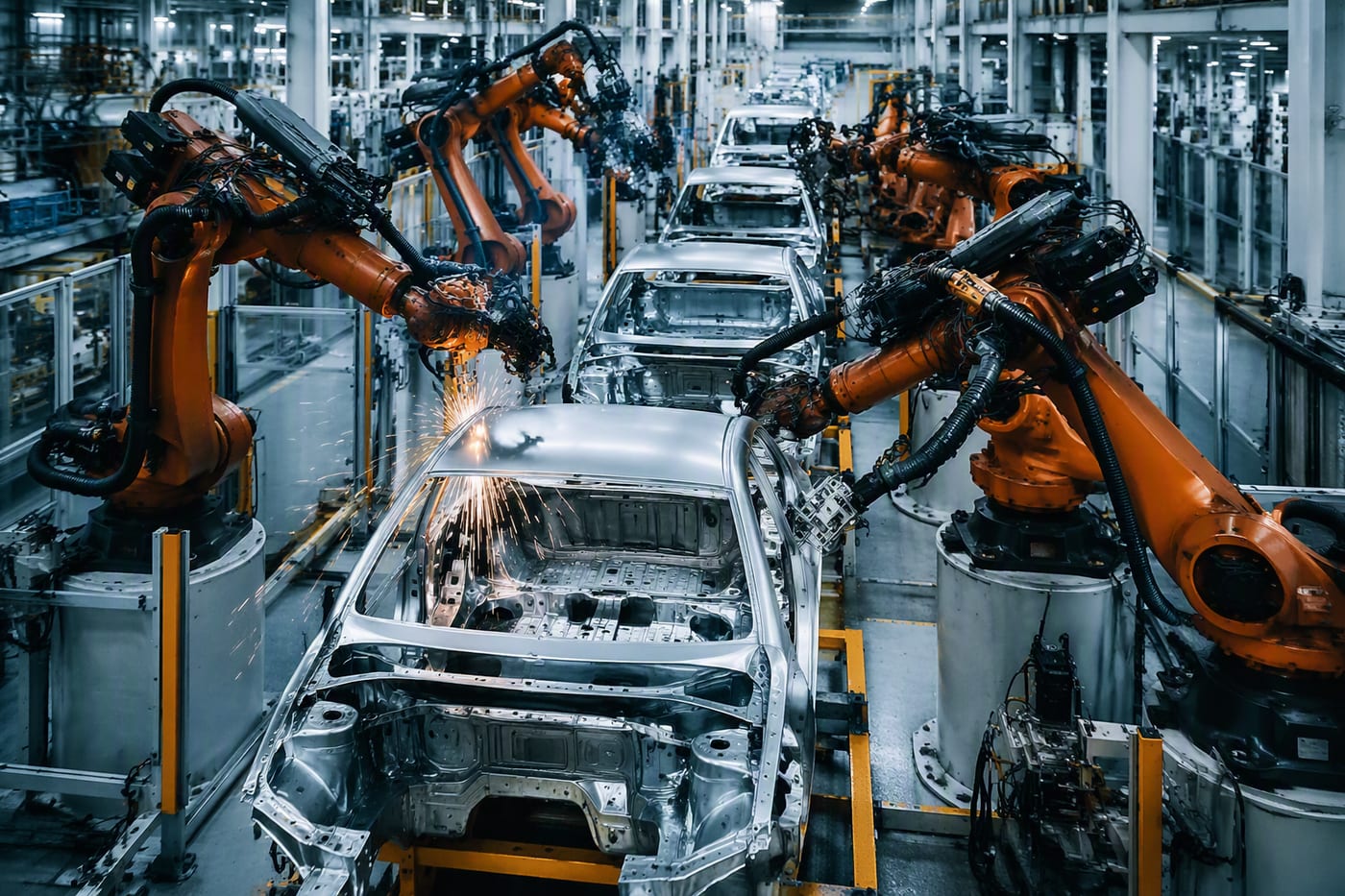 Línea de ensamble automotriz con robots soldando carrocerías